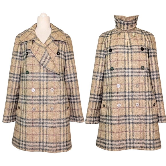 Burberry Nova Check Plaid Wool Double Breasted Long Coat Beige Navy Red 14 - Picture 1 of 11